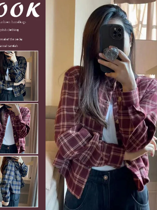 Рубашка в клетку стиле ретро модная женская короткая куртка на весну и осень