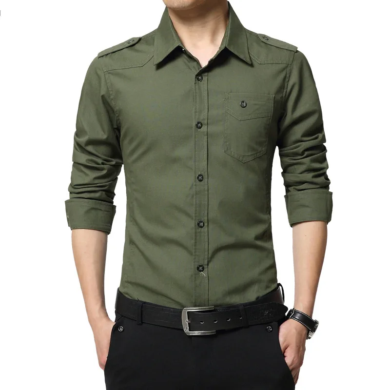 Fashion Epaulet Air Army Green Dress Men Shirt Airforce Uniform Military Man Long Sleeve Slim Fit Camisa Masculina Cotton Shirts