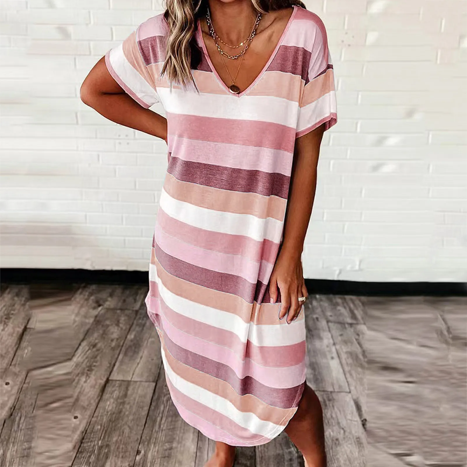 

Womens Stripe Casual Short Sleeve V Neck Casual Dresses for Women Cocktail Pretty Dresses for Women Formal Dresses Mid Length