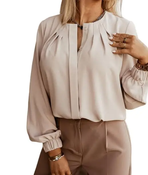 

Fashion Woman Blouse 2023 Spring O-Neck Long Sleeve Ruched Buttoned Casual Plain Daily Work Top Y2K Clothes