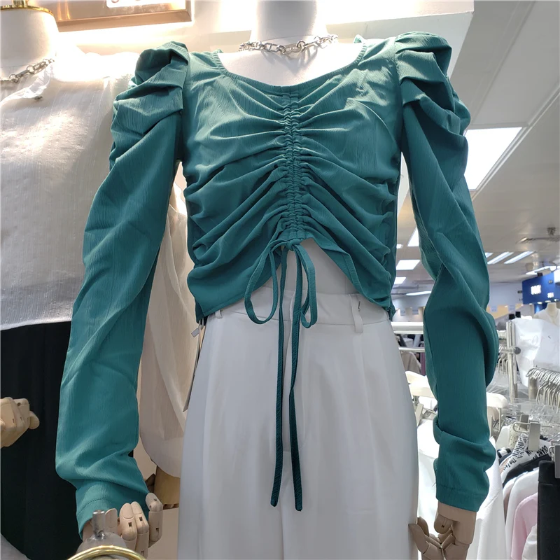 

SeeBeautiful Simple Shirt Drawstring Pleated O-neck Puff Sleeve All Match Women Summer Autumn 2022 New Fashion Tide Q538