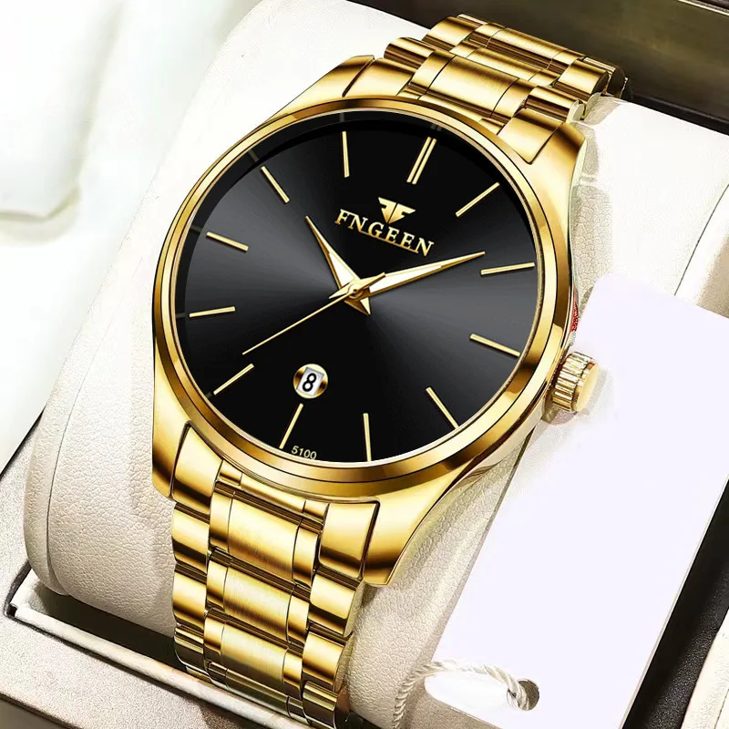 

Часы наручные мужские кварцевые из нержавеющей стали, роскошные золотистые ультратонкие водонепроницаемые простые автоматические с календарем