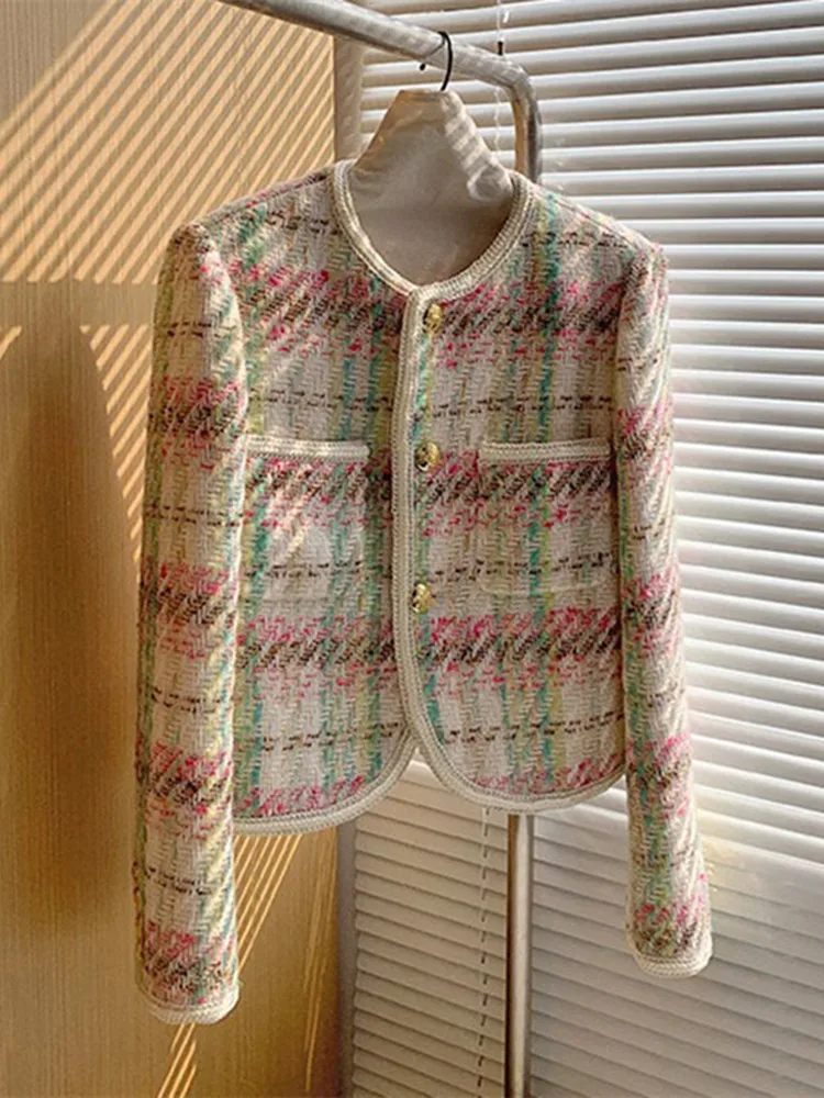 Женская короткая твидовая куртка в клетку элегантное шерстяное пальто с двумя