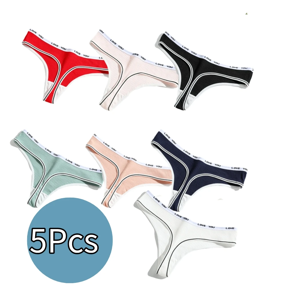 

5pcs Mix Color Letter Thongs Women Brief Panties Cotton G Strings трусы женские Ladies Underwear Sexy Seamless Underpants Black
