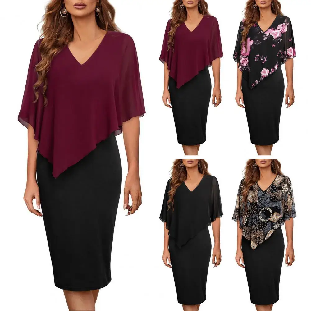 

Women Dress V-neck Printing Chiffon Shawl Midi Dress Slim Fit Fake Two-piece Knee-Length Sheath Dress Streetwear