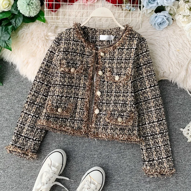 

New Autumn Winter Vintage Tweed Jacket Coat Women Small Fragrance Patchwork Korean Woollen Cropped Coats Elegant Short Outerwear