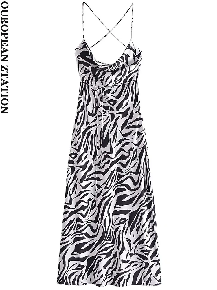 

PAILETE Women 2022 fashion with tied zebra printed midi dress vintage backless thin straps female dresses vestidos mujer