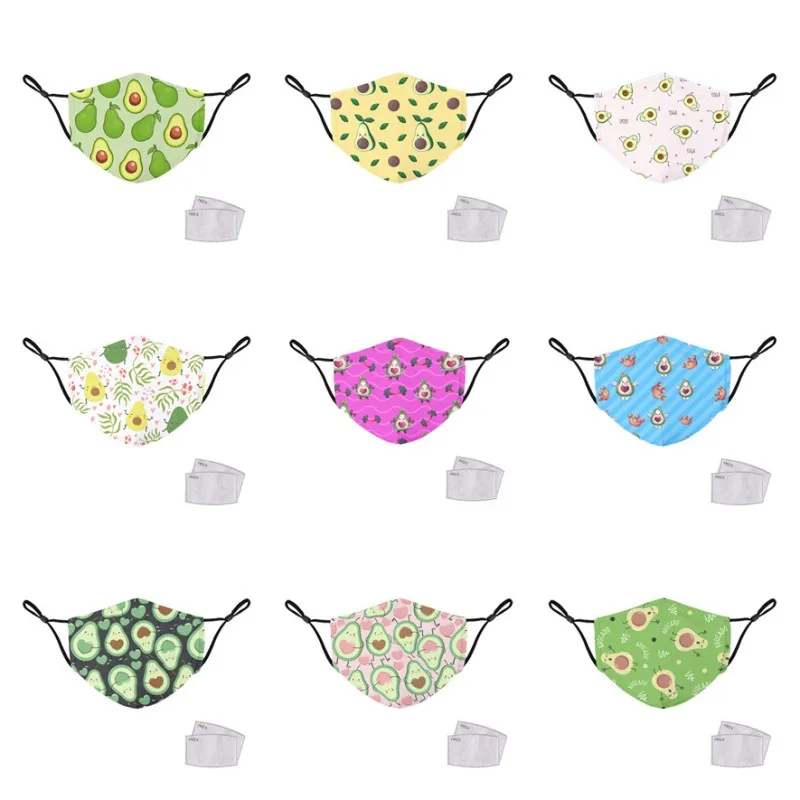 

Avocado Pattern Masks Cotton Fabric Washable Reusable Adult Windproof Anti-dust Filters Funny Cartoon Series Mask 1pcs