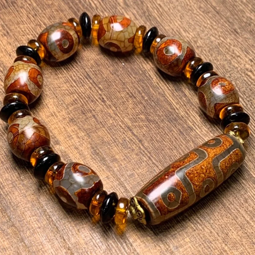 Тибетские старые бусины Дзи девять глаз три глаза состаренная целлюлоза браслет