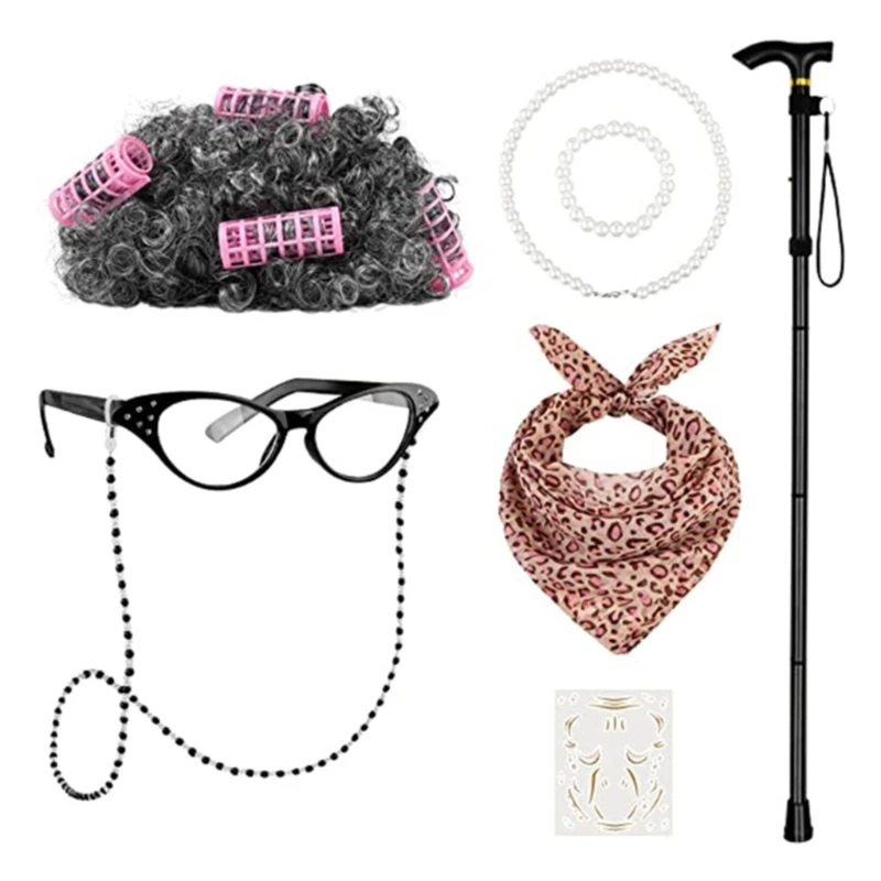 

2XPC Halloween Grey-Wig, Glasses, Glasses Chain, Necklace, Bracelet Walking Stick Grandma Old Lady Costume with Crutch