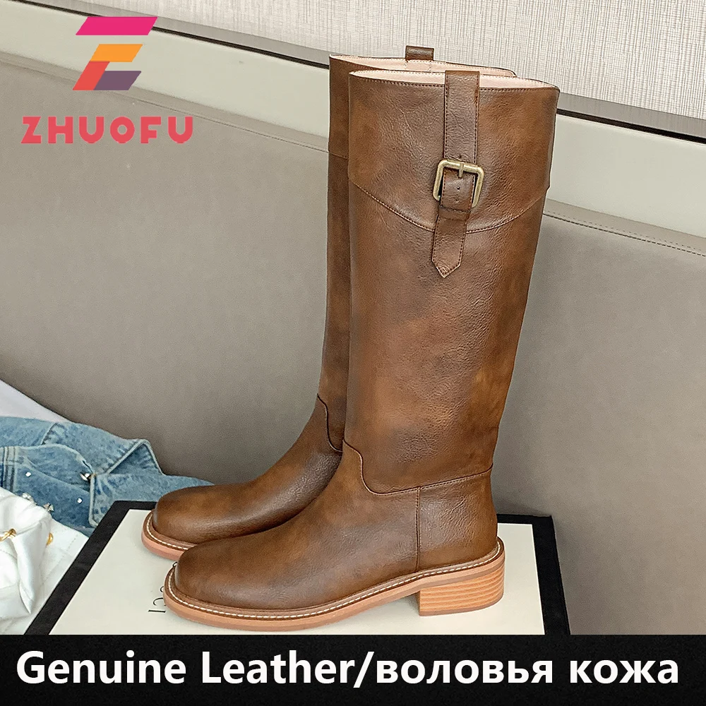 

ZHUOFU Autumn Winter Women Knee High Boots Outdoor Thick Heels Genuine Leather Shoes Woman Popular Cool Buckle Motorcycle Boots