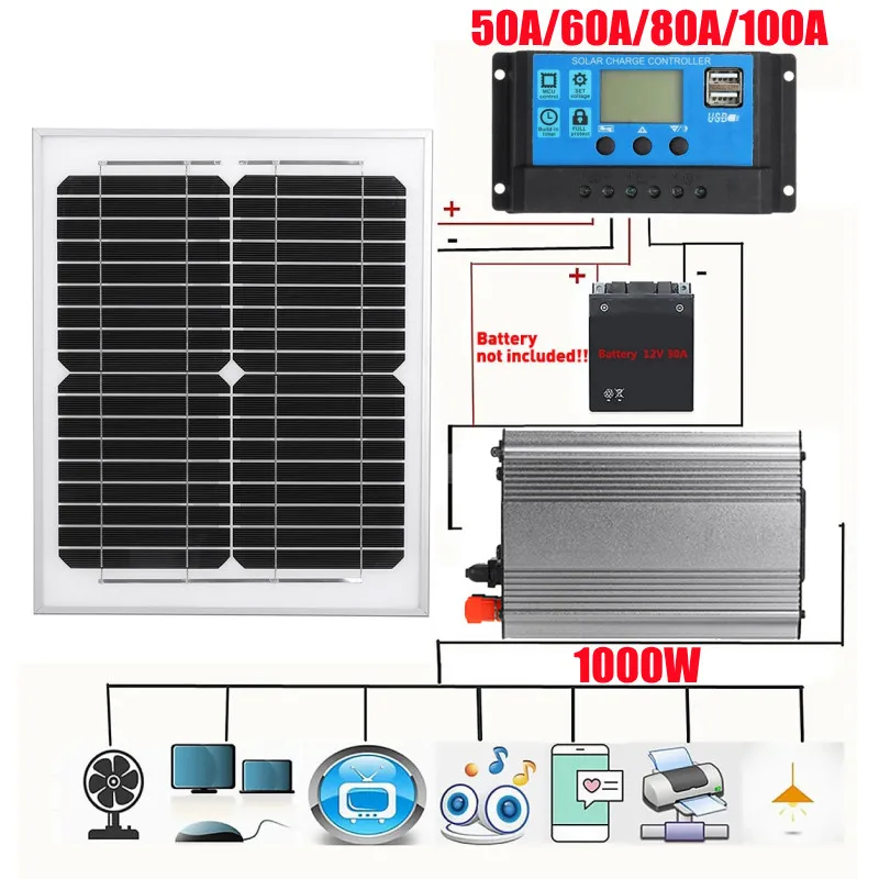 

1000W Solar Panel System 12V 20W Solar Panel Battery Charge Controller 12V/24V Solar Inverter Kit Complete Power Generation