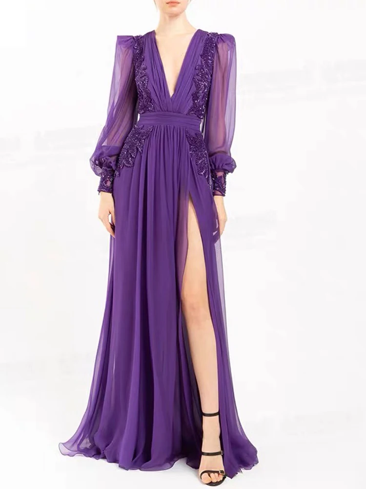 

Праздничное Вечерние Длинное Модное шифоновое элегантное платье с v-образным вырезом и рукавами-фонариками на осень 2023