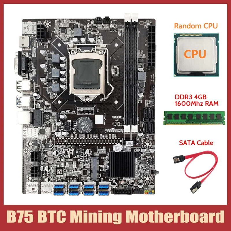 B75 ETH Mining Motherboard+CPU+DDR3 4GB 1600Mhz RAM+SATA Cable LGA1155 8XPCIE To USB DDR3 B75 BTC Miner Motherboard