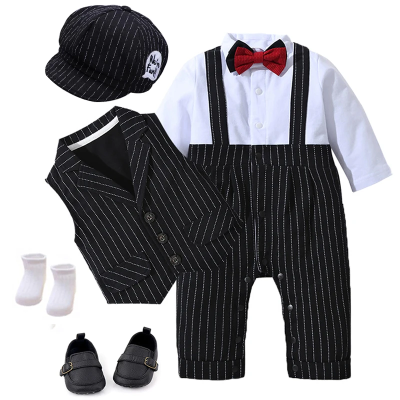 

Formal Clothes Suit for Newborn Boys Dress Black Hat + Vest + Romper + Shoes + Socks 6 Pieces Outfit Cotton Children Birthday
