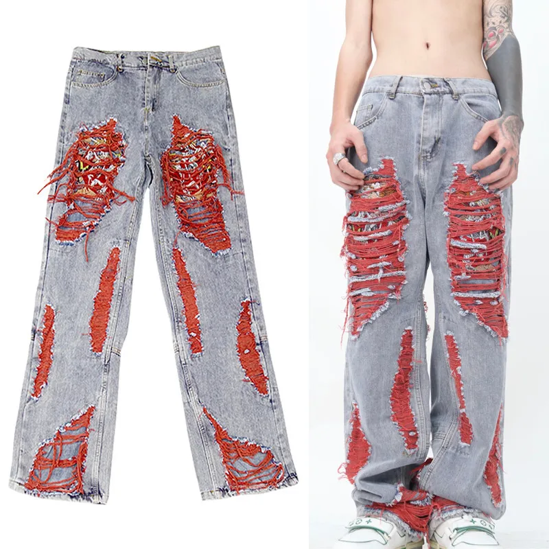 High Street Hip Hop Destroy Brushed Embroidered Baggy Jeans Casual Straight Leg Denim Pants