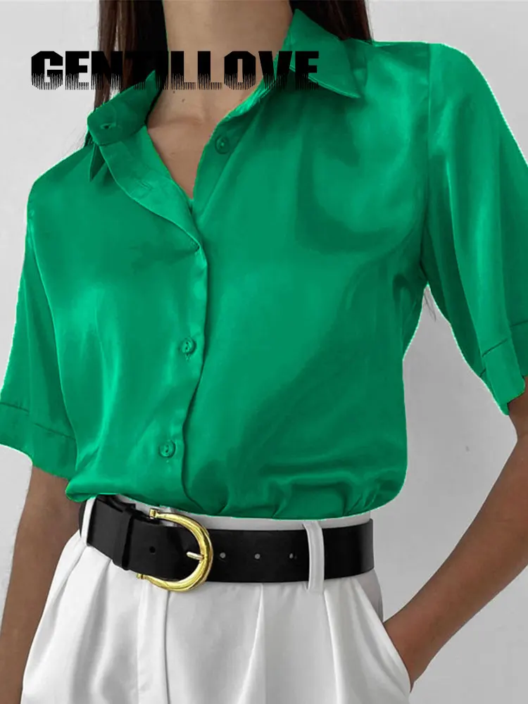 

Блузка Женская атласная на пуговицах с коротким рукавом и отложным воротником