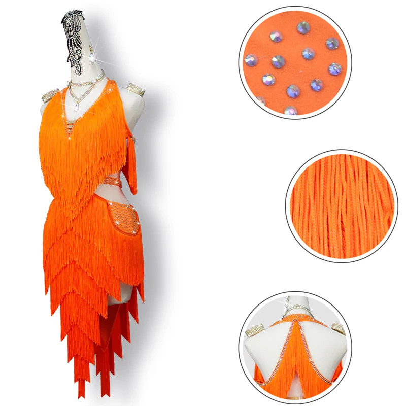 

Женское платье с бахромой, оранжевое платье для латиноамериканских танцев, танцевальная одежда для профессиональных соревнований, SL8437