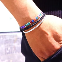 new handmade beaded anklet bracelets ethnic color elastic bracelet lava stone round bead stainless steel bracelet for women men