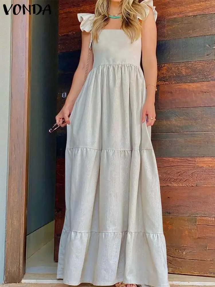 

VONDA Summer Women Ruffled Maxi Dress 2022 Sexy Square Collar Sleeveless Holiday Robe Femme Casual Solid Pleated Party Sundress