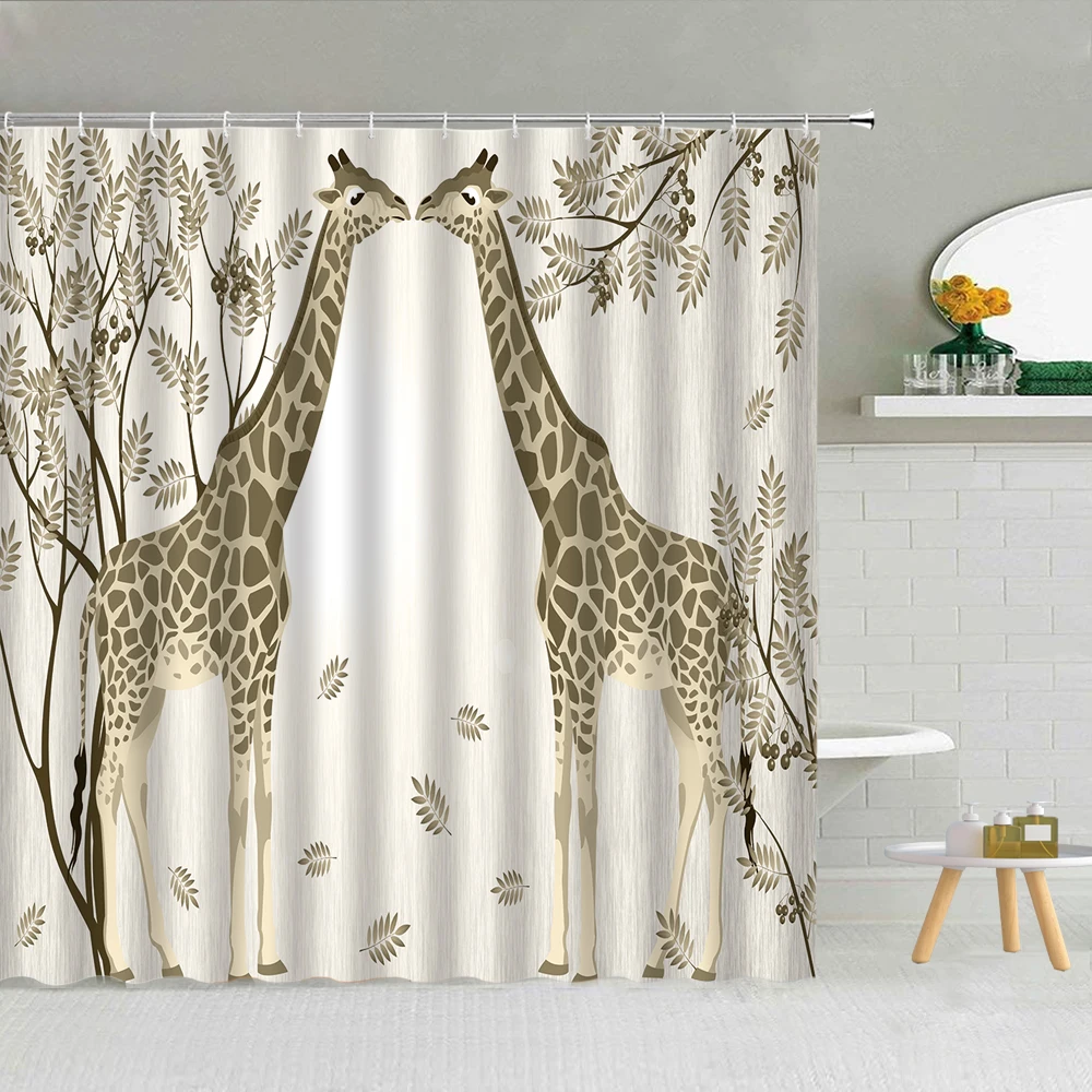 

Rainforest Scenery Shower Curtains Green Leaves Leopard Giraffe Zebra Monkey Bathroom Decor Hooks Curtain Set