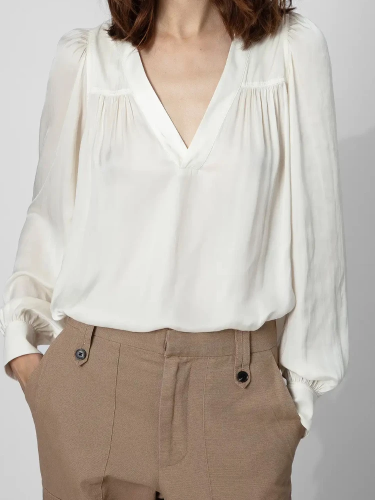 2022 Spring Autumn New Zadi 100% Viscose Long Sleeve V-neck Solid Color Thin Shirt Top Women Blouse Shirts