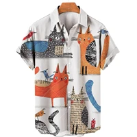 2022 hawaiian shirt cat print abstract pattern short sleeve loose oversized shirts men and women summer beach casual shirt tops