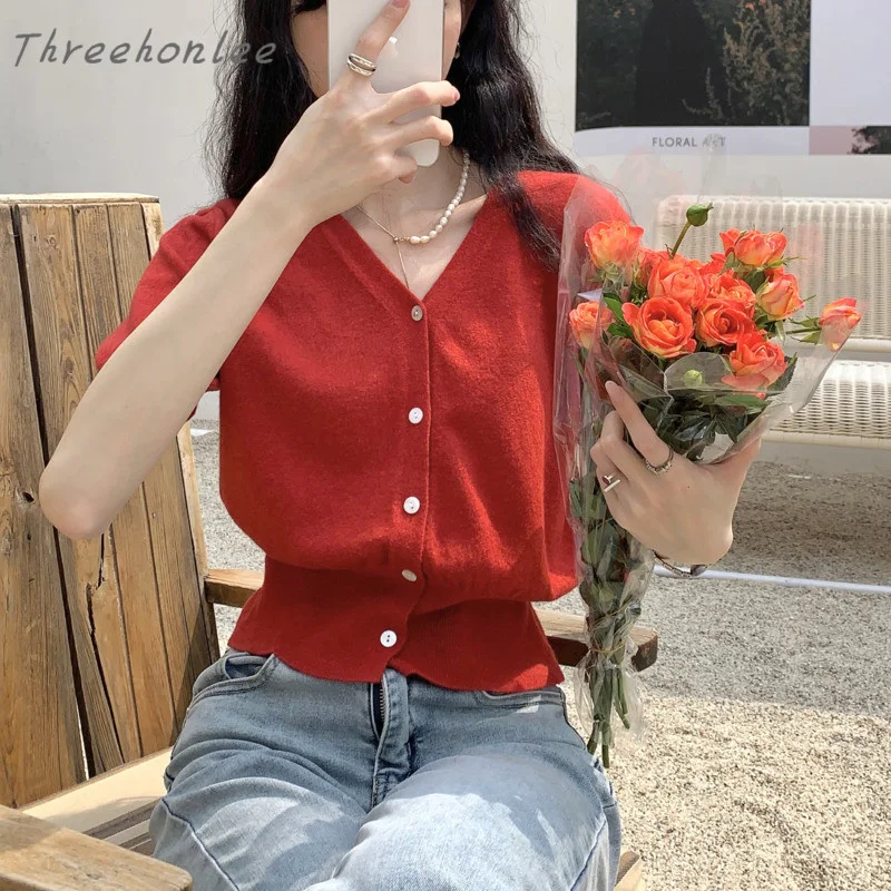 

Женский трикотажный однобортный Топ, офисный однотонный топ с V-образным вырезом и коротким рукавом, весна-лето
