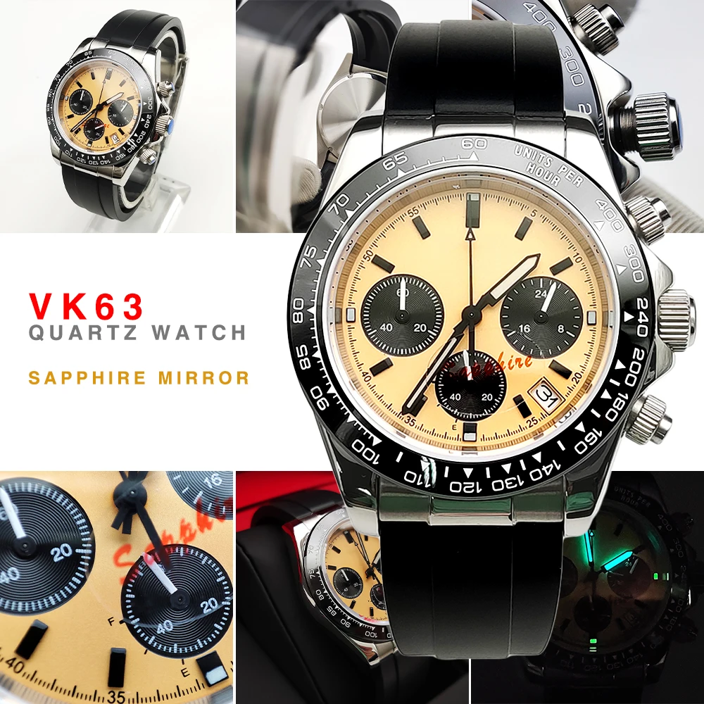 Men's Quartz Watch 39mm Stainless Steel Three Eyes Panda Dial Chronograph Sapphire Crystal Business Fashion VK63
