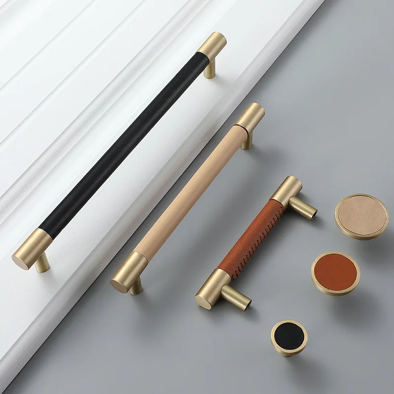 

Leather Wardrobe Handle Brass Cabinet Knobs Furniture Door Pull Bars