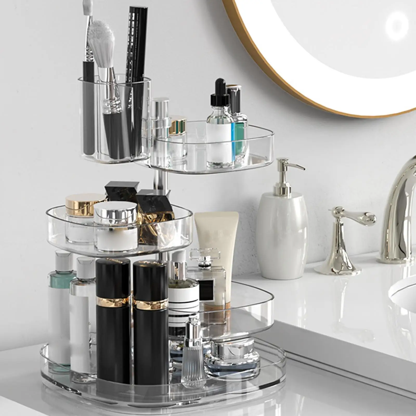 

Tiered Makeup Organizer Cosmetic Storage Display Case Adjustable Height Pantry Plate Dish Rotating for Cabinet Bathroom Dresser