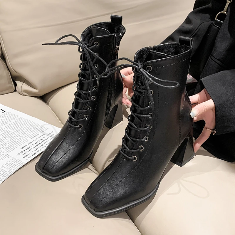 

High Heel Boots Autumn and Winter Square Headed Thick Heel Lace Up Short Boots 2023 New Fashion Martin Boots Women