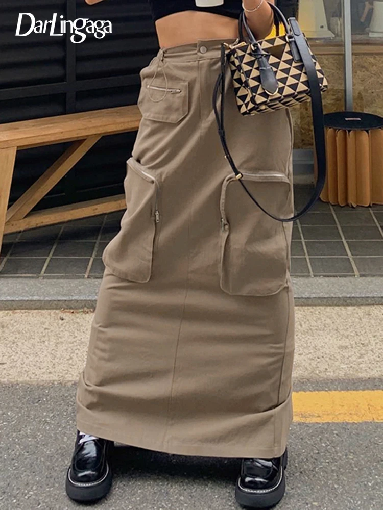 

Darlingaga Streetwear Drawstring Pockets Low Waist Maxi Skirts Straight Harajuku Y2K Tech Cargo Skirt Women Slit Preppy Outfits