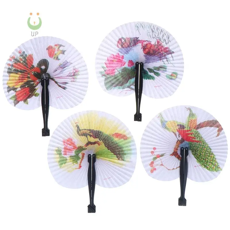 

Chic Female Handheld Fan Chinese Pocket Folding Hand Fan Round Circle Printed Paper Decorative Fan Party Decor Gift