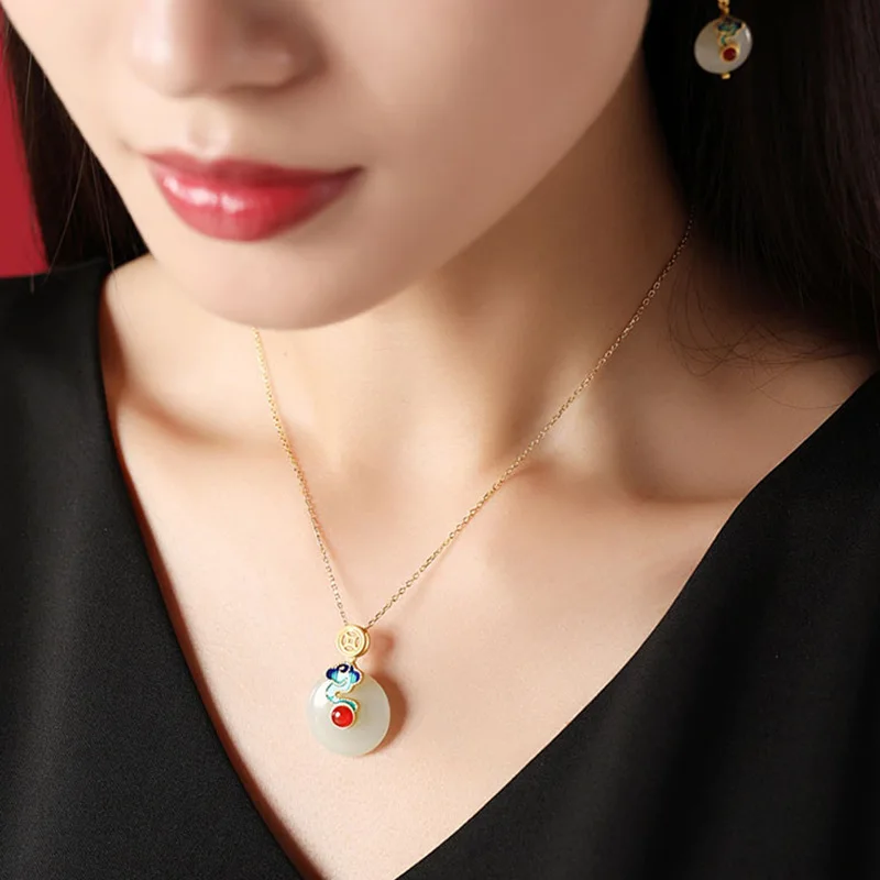 

Enamel Ping An Buckle Pendant S925 Sterling Silver Hetian Jade Necklace Female Retro Palace Style Cheongsam Jewelry wholesale