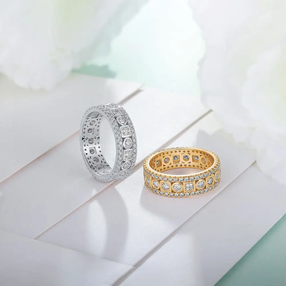 Фото Кольцо XCY Moissanite Full Eternity Band унисекс, с разнообразными огранками, из серебра 925 пробы, штабелируемое, свадебное, с имитацией бриллиантов, изысканное ювелирное украшение, подарок №4
