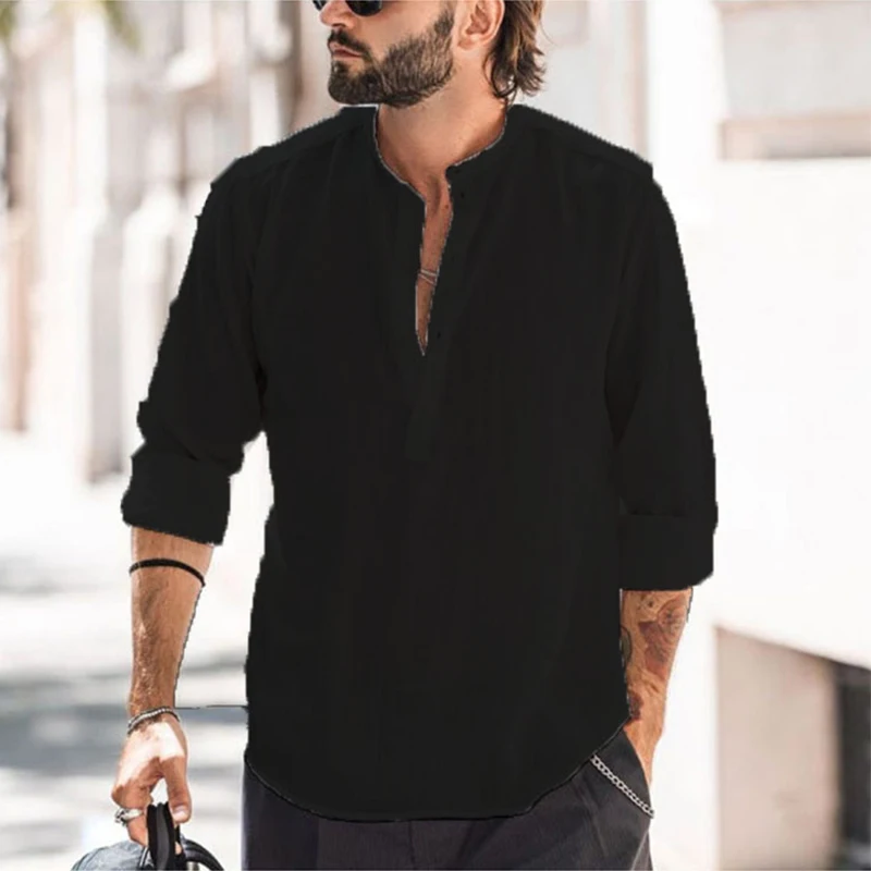 

2023 Spring Summer Men Cotton Linen Tops Long Sleeve Buttoned Stand Collar Pullover Shirt Fashion Solid Color Loose Mens Shirts