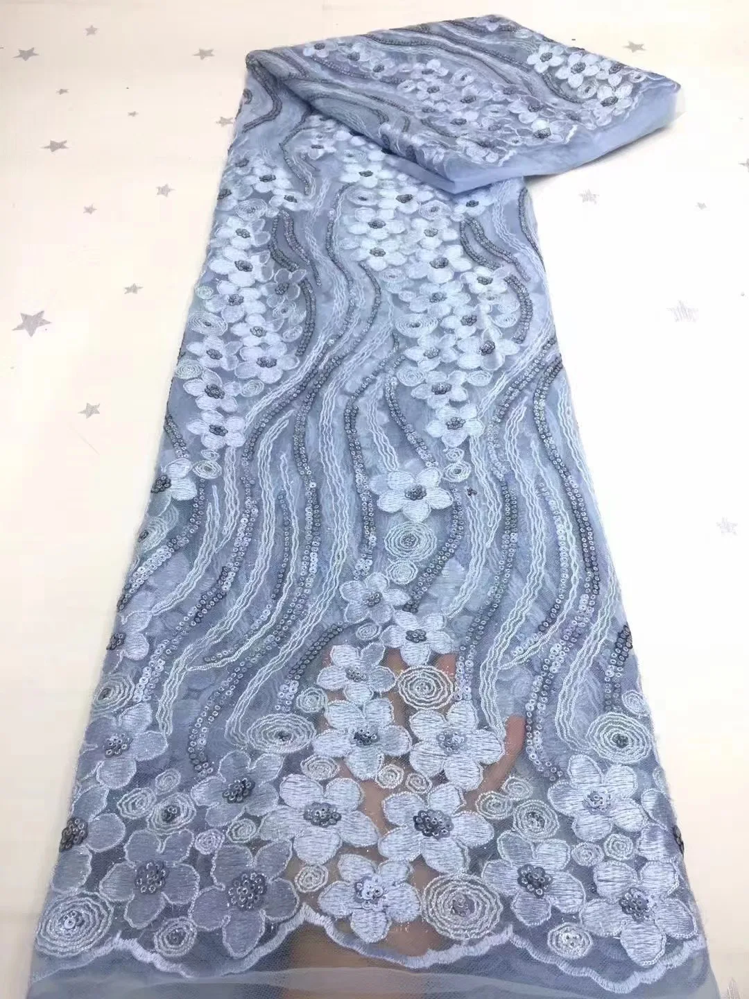 

2022 Africa Most Popular 5 Yards Fabric Swiss High Quality Sequins Hand Make Beads Tulle Lace Traditional Wedding Dress Material