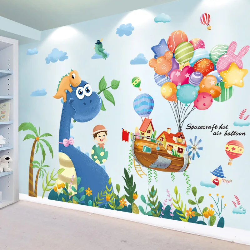 [SHIJUEHEZI] بالونات الهواء الساخن قارب ملصقات جدار لتقوم بها بنفسك ديناصور الغيوم صور مطبوعة للحوائط للأطفال غرف الأطفال الحضانة ديكور المنزل