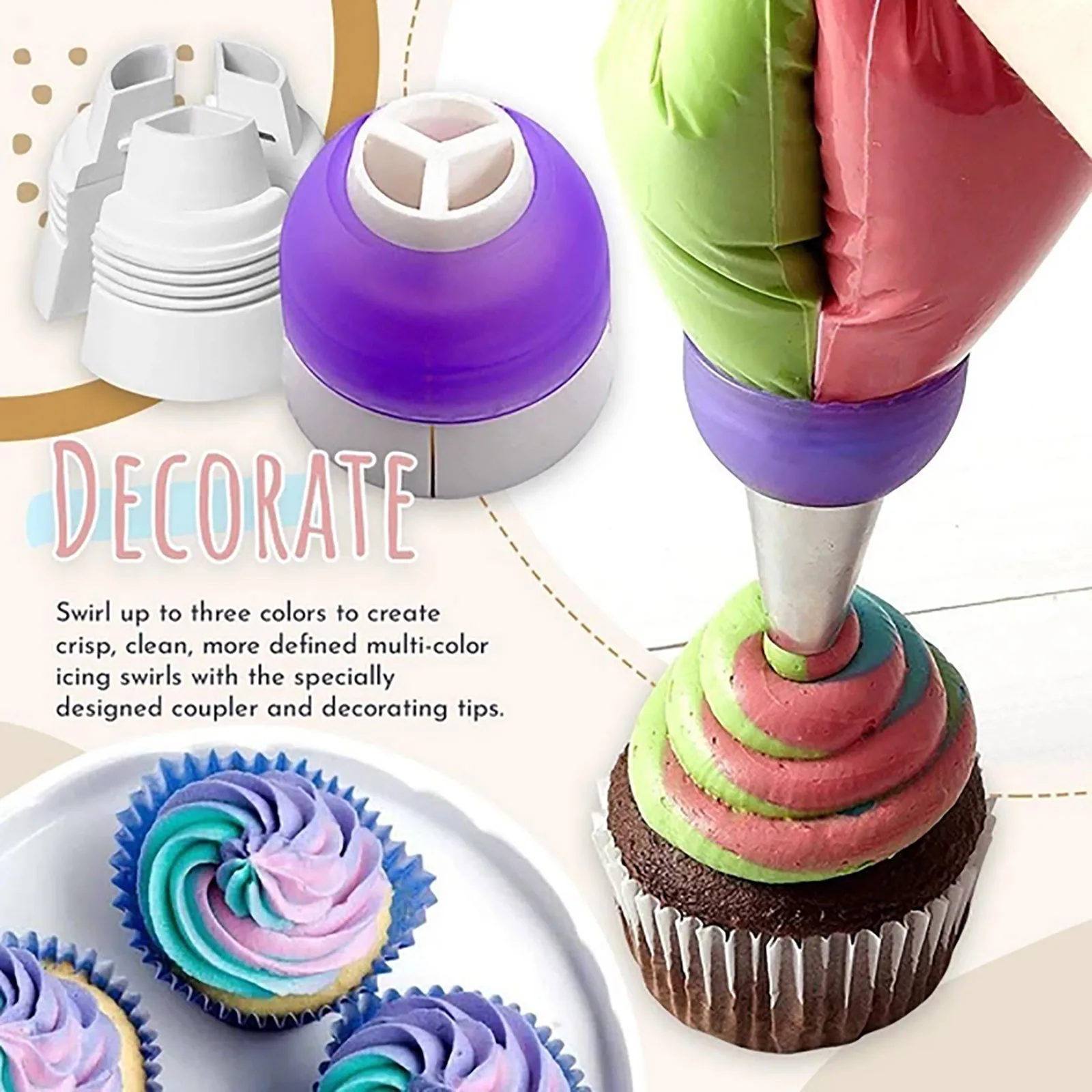 

Icing Piping Bag Nozzle Converter 3 Hole 3 Color Cream Coupler Cake Decor Tool for Cupcake Fondant Cookie Baking Tri-color