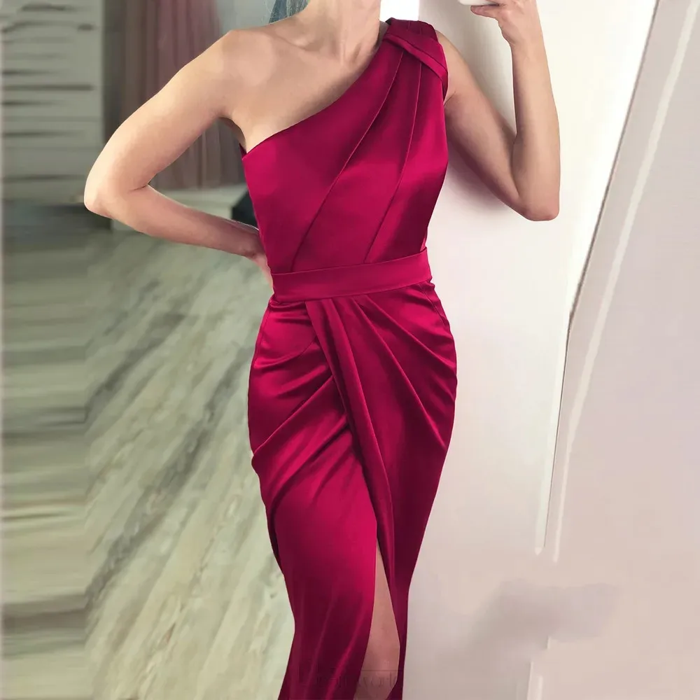 

Sexy One Shoulder Satin Side Split Evening Dresses Mermaid Hot Pink Pleat Floor Length Formal Party Gowns robes de soirée