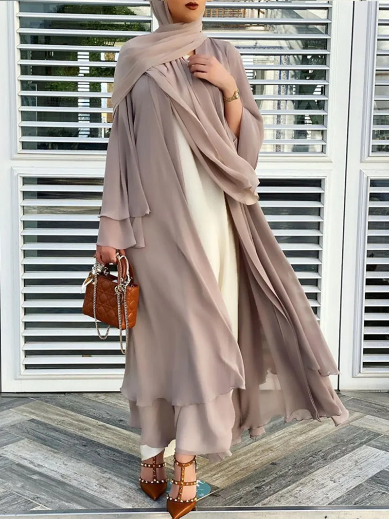 Chiffon Casual Solid Color Open Abaya for Women Muslim Loose Ethnic Style Long Robes with Belt Elegant Eid Dress Islami Clothing