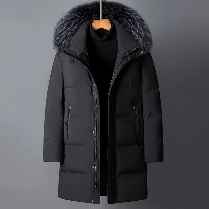 2022 Men's Down Jacket Mid-Length Winter Thick 90% White Duck Down Jacket Natural Animal Fur Collar Multi-Pockets Overcoat Men