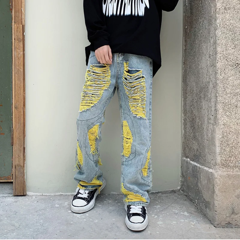 High Street Men's Jeans Contrast Color Ripped Baggy Fashion Denim Trousers Hip Hop Streetwear Plus Size Bottoms Male Y2K Clothes