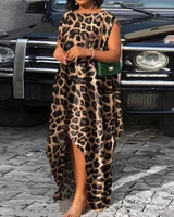 one piece summer dresses woman 2022 new oversized vintage asymmetrical leopard print dip hem sleeveless casual maxi dress