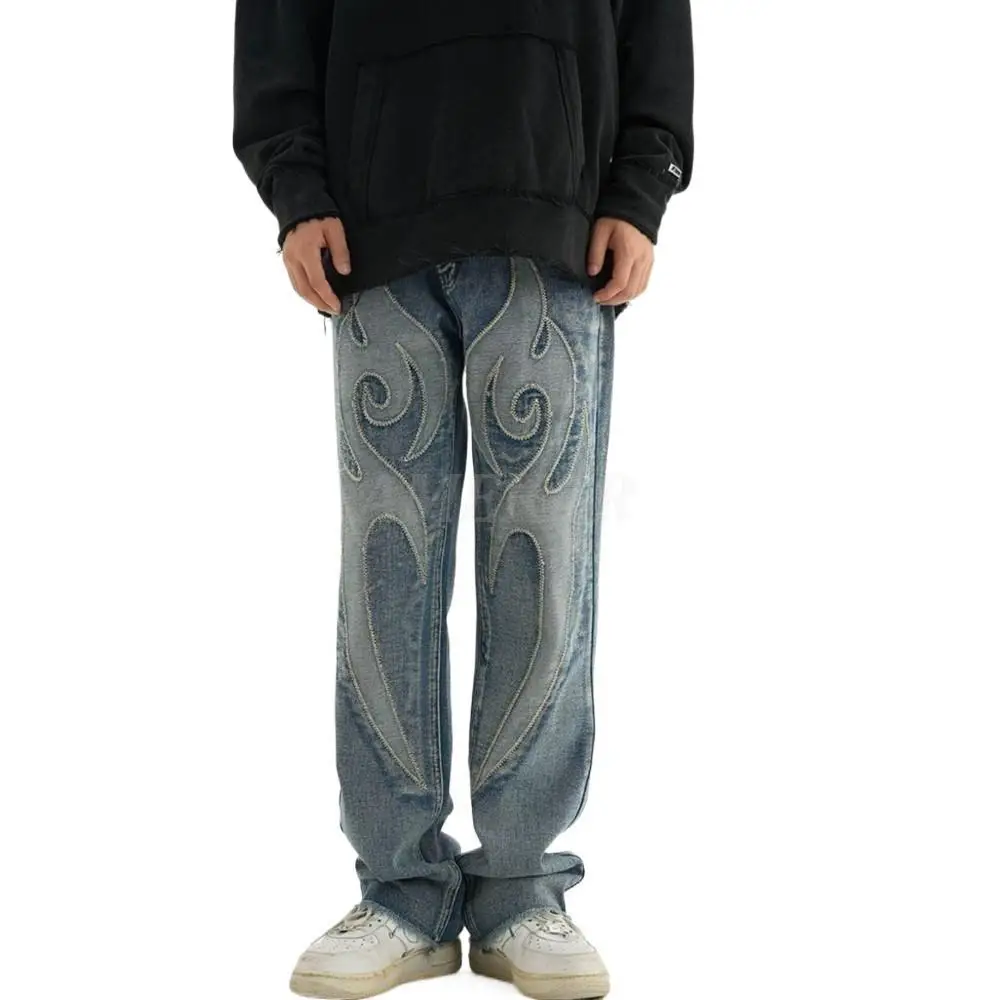 2023 Y2k Streetwear Solid Color Patchwork Skulls Embroidery Casual Denim Pants Men and Women Elastic Waist Baggy Jeans Trousers