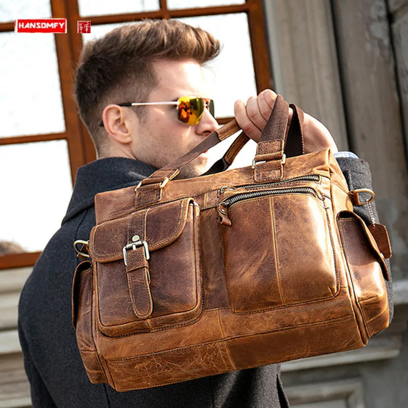 Genuine Leather Men Portable Travel Bag Large Capacity Cowhide Crossbody Handbags Business Trip Shoulder Messenger Luggage Bags