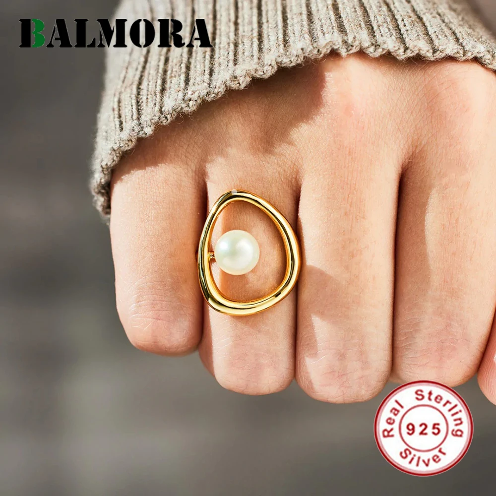 

BALMORA S925 серебристый неправильной формы кольца с жемчугом для женщин Роскошные геометрические полые минималистичные эффектные кольца ювелирные изделия в подарок