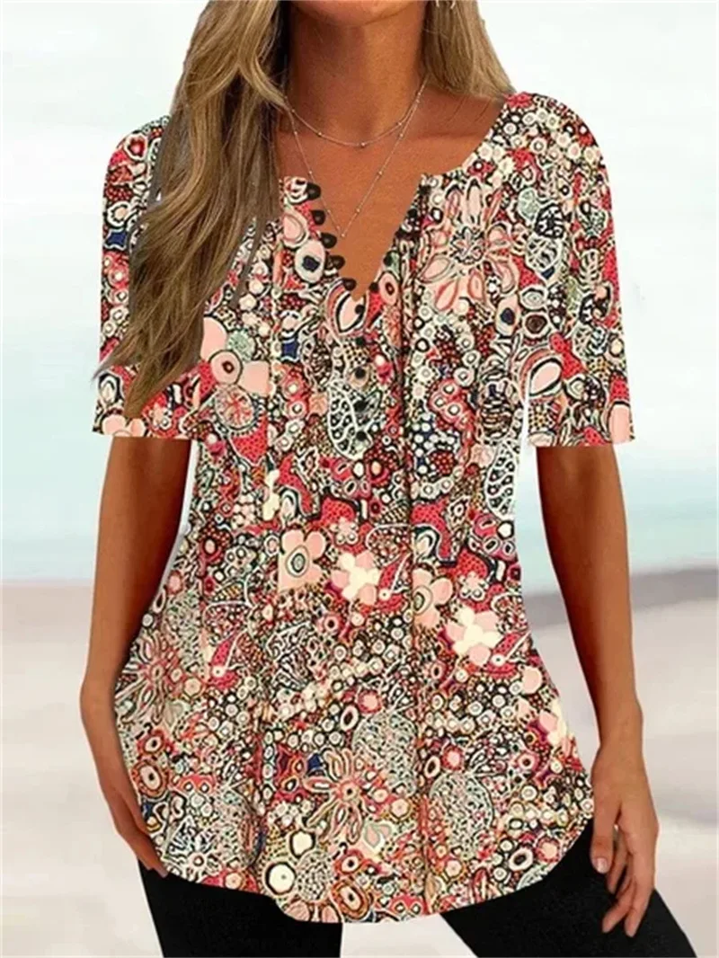 

Women's 2023 Spring/summer Hot Sale New Loose V-Neck Pullover Short Sleeve Button Printed T-Shirt
