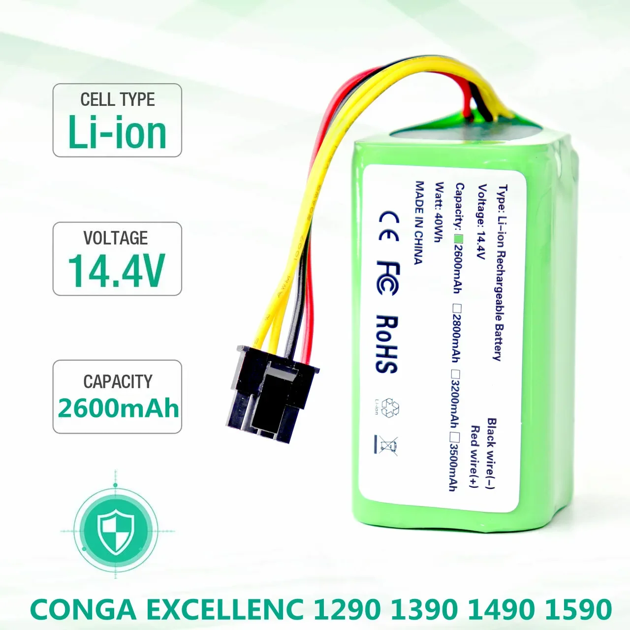 

18650 14.4V 2600nAh Li-Ion Battery for Cecotec Conga 1290 1390 1490 1590 Vacuum Cleaner Genio deluxe 370 gutrend echo 520